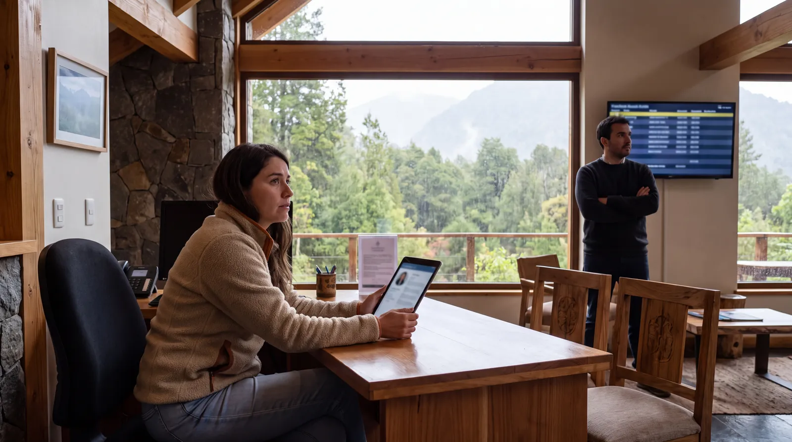Trabajadora de turismo preparando su perfil profesional en una recepción hotelera del sur de Chile