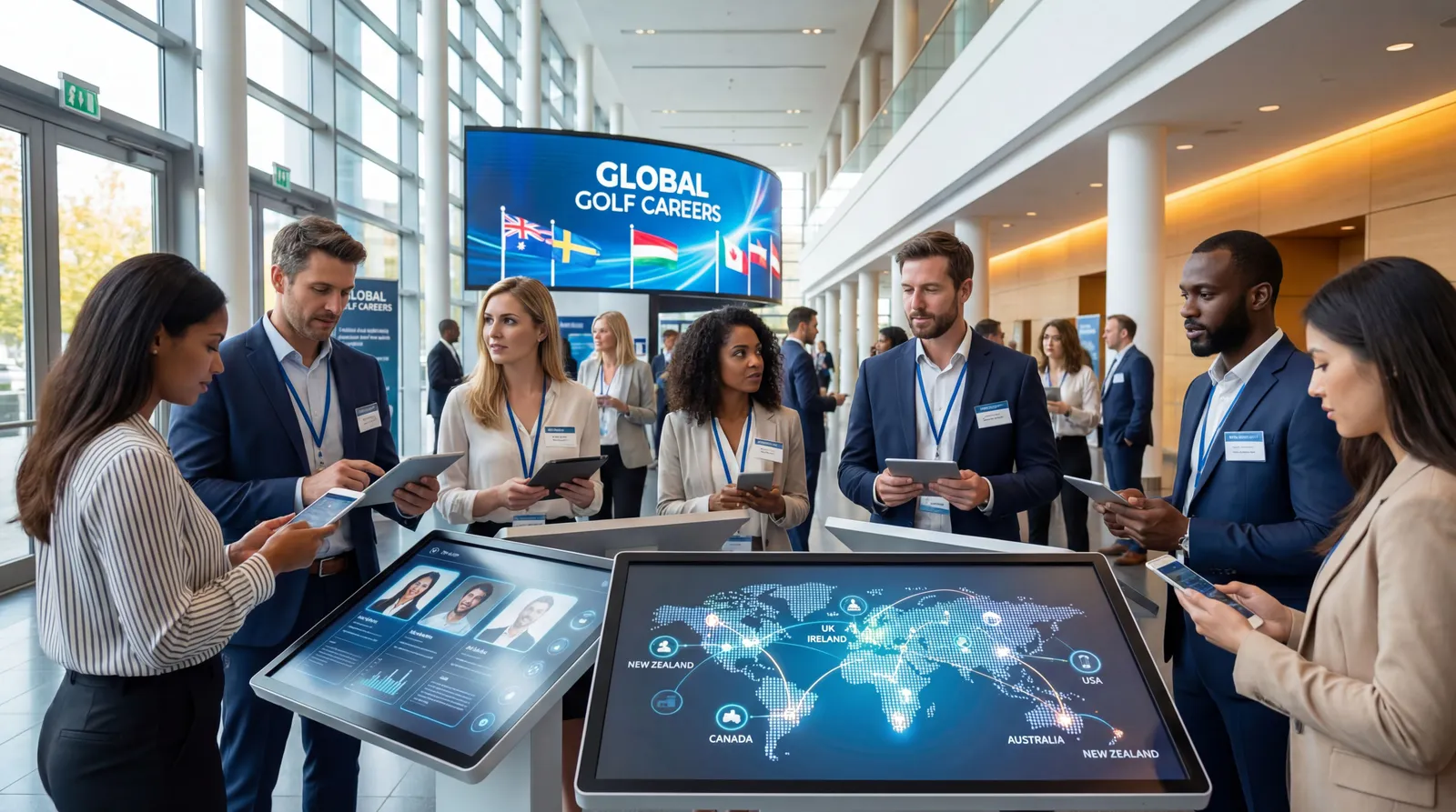 Recruiters and golf industry candidates connecting through digital hiring tools across global markets
