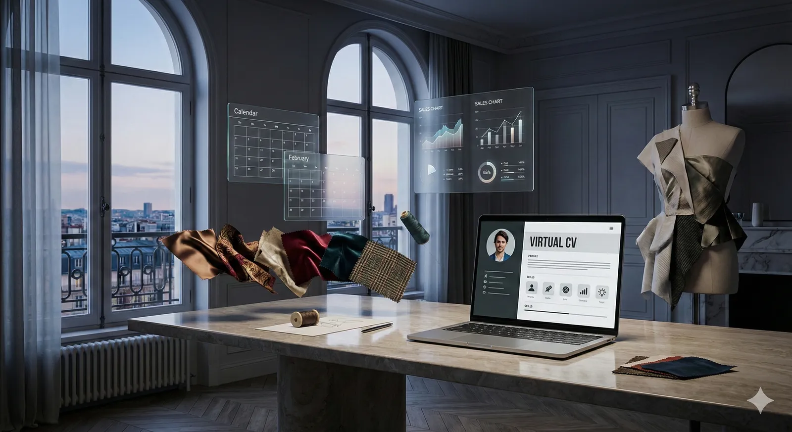 Bureau de planning mode avec graphiques, calendriers et échantillons de tissu, style éditorial futuriste