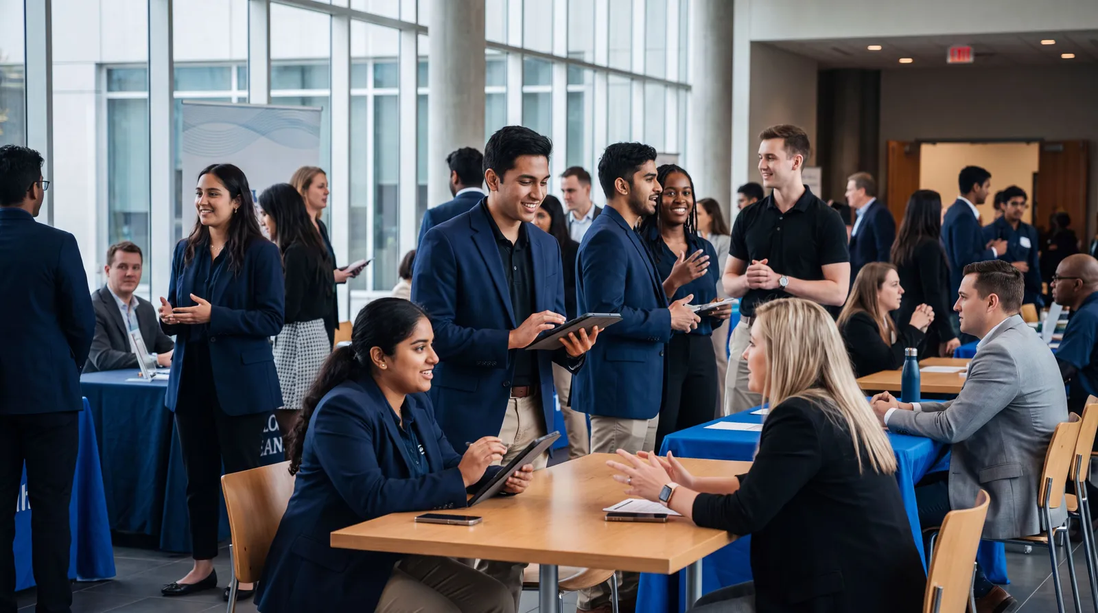 Recruiters and young candidates talking at a modern career event