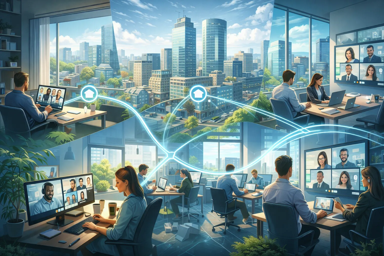 Personas trabajando entre casa, hub local y oficina híbrida en una ciudad conectada