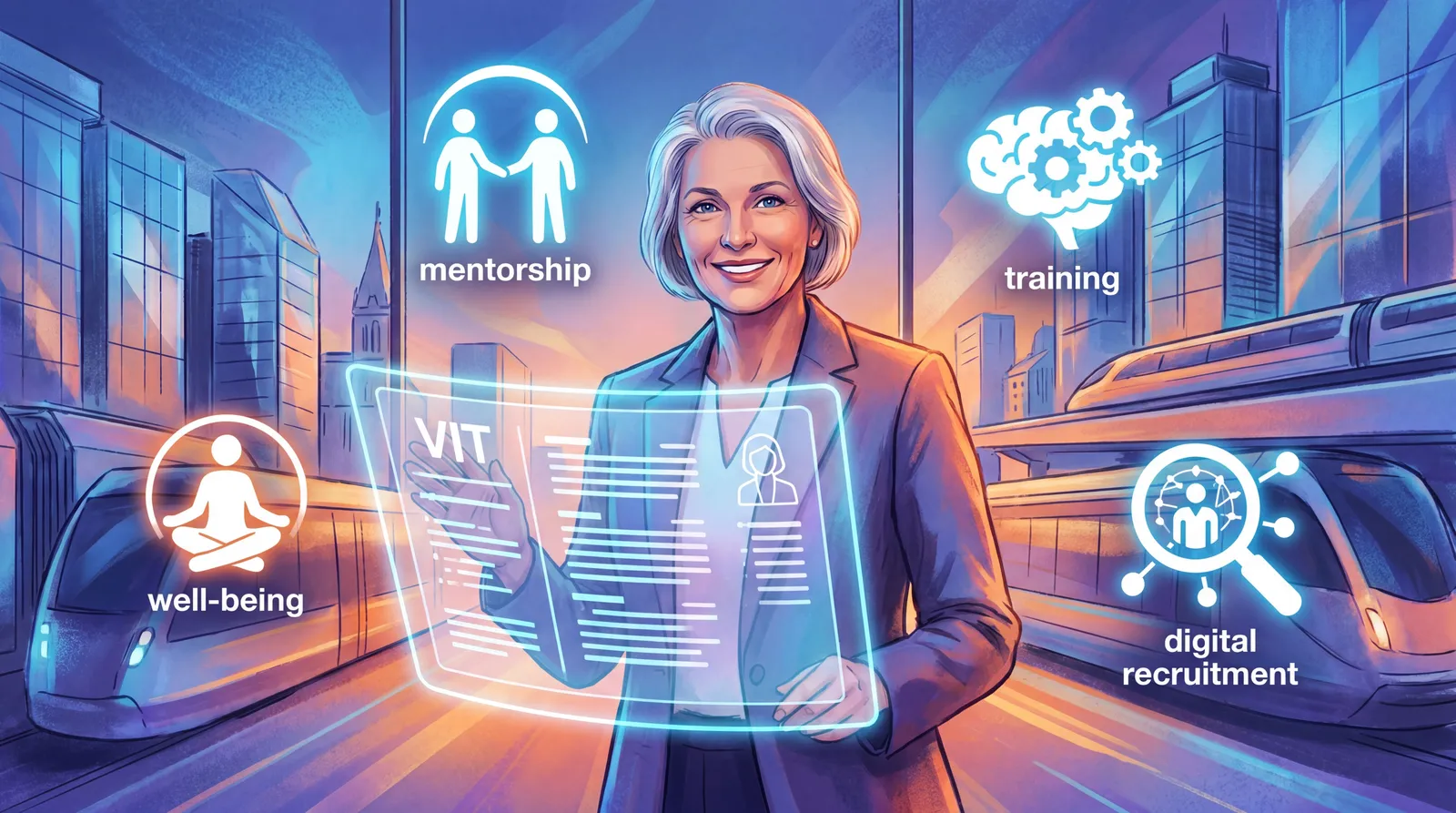 Professionnelle senior devant un CV virtuel avec icônes de formation et mentorat