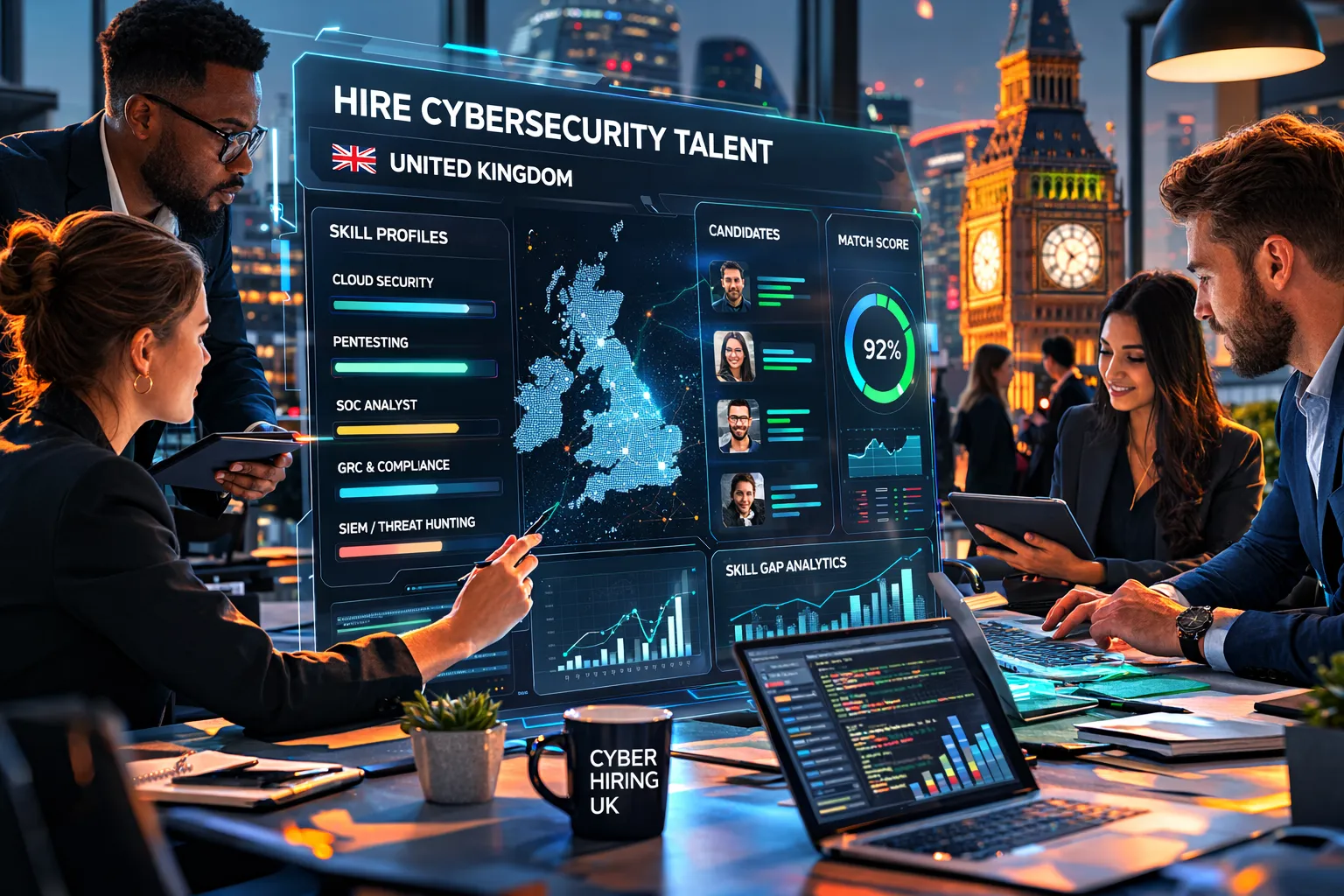 Recruiters reviewing cybersecurity talent on a digital hiring dashboard in the UK