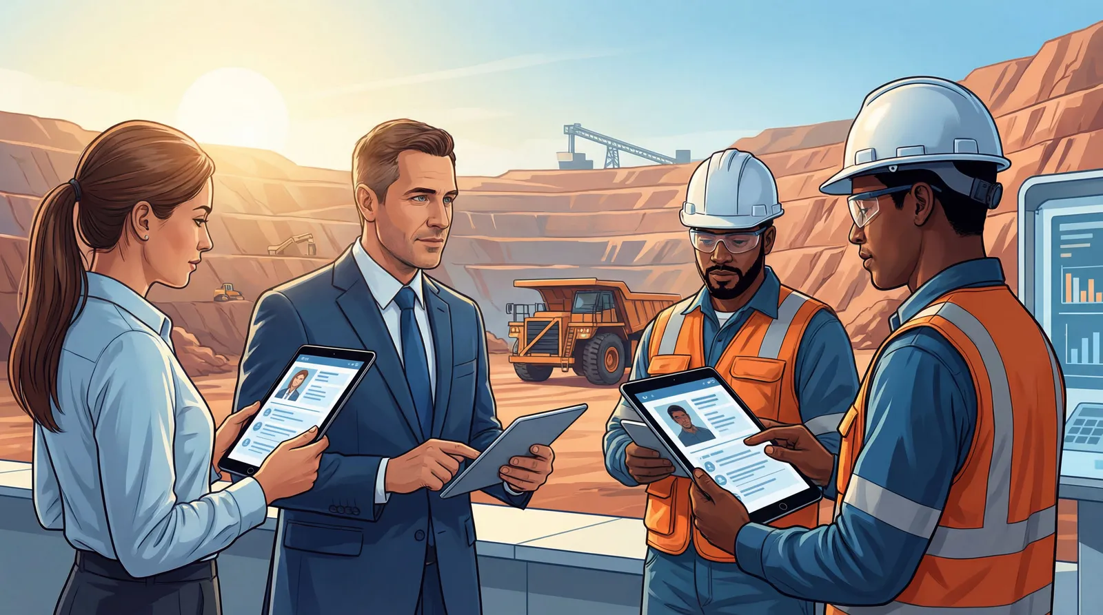 Profesionales de minería y reclutamiento revisando perfiles digitales en una operación minera moderna