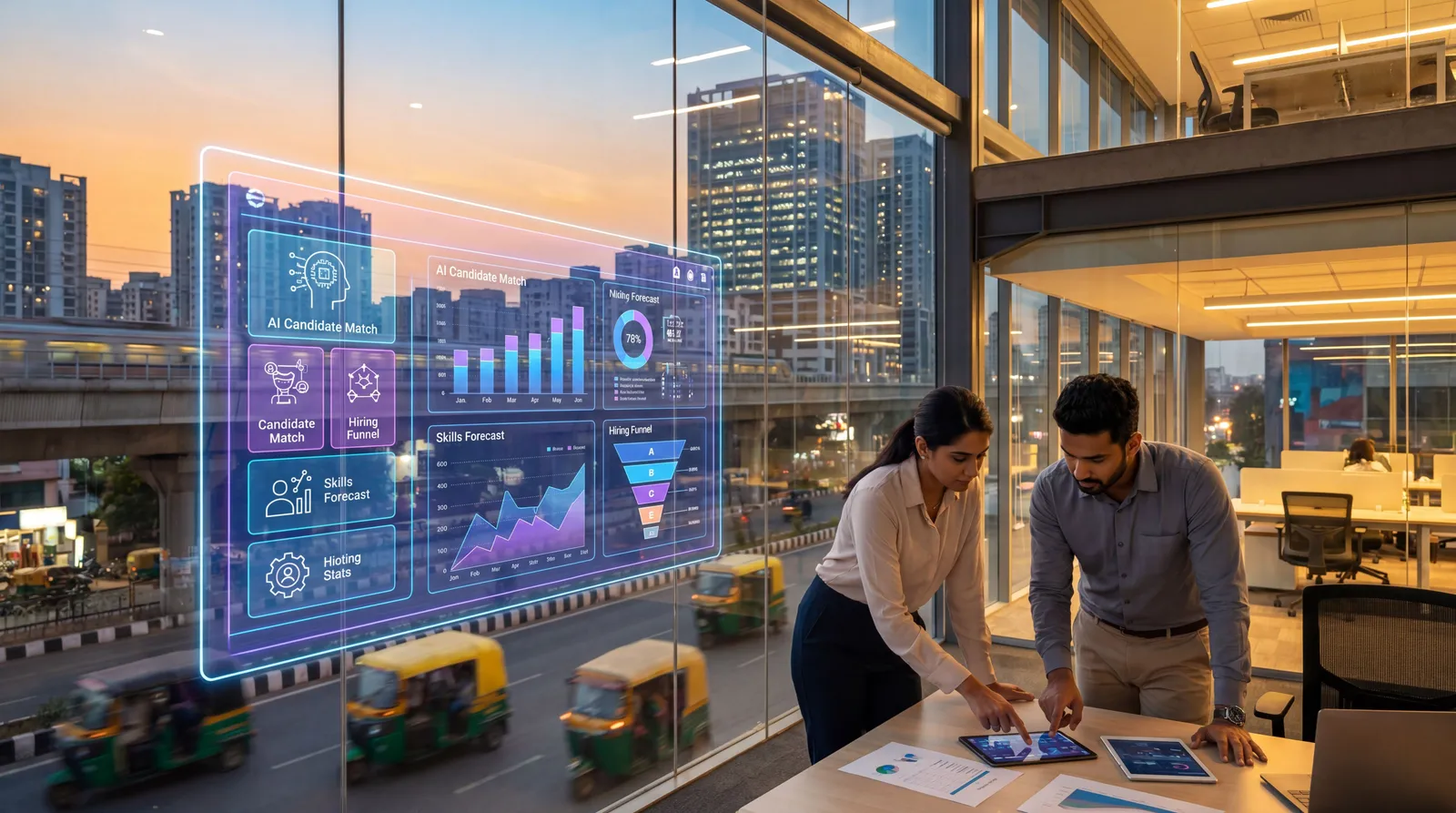 Business analysts and AI hiring dashboards in a modern Indian tech hiring scene