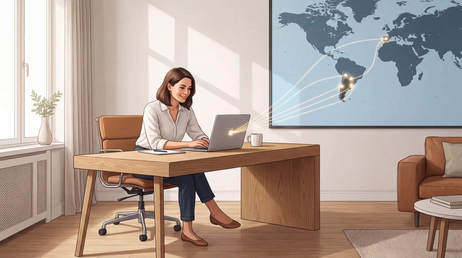 Profesional conectada con empresas globales desde su espacio de trabajo