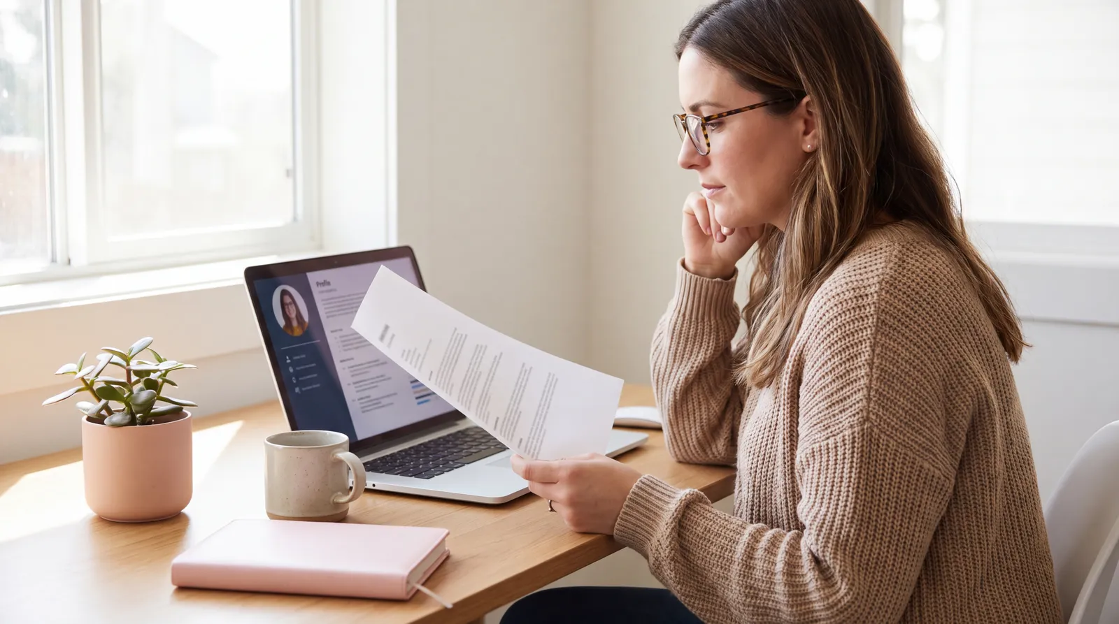 Job seeker comparing a printed resume with a structured digital career profile