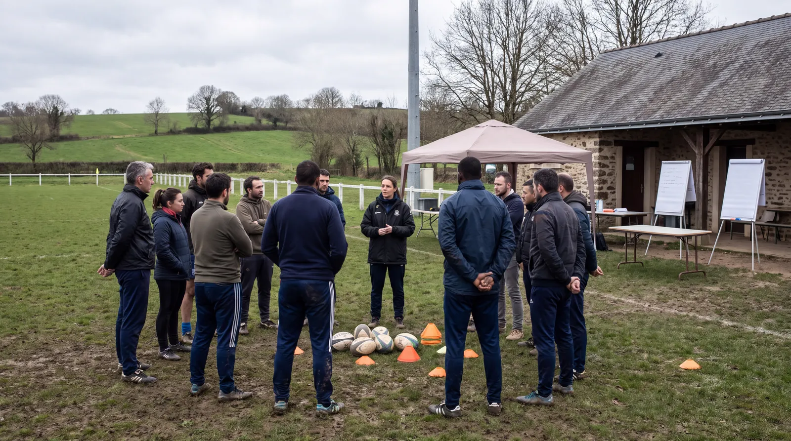 Adultes participant à un atelier collectif sur un terrain de rugby à Saumur.