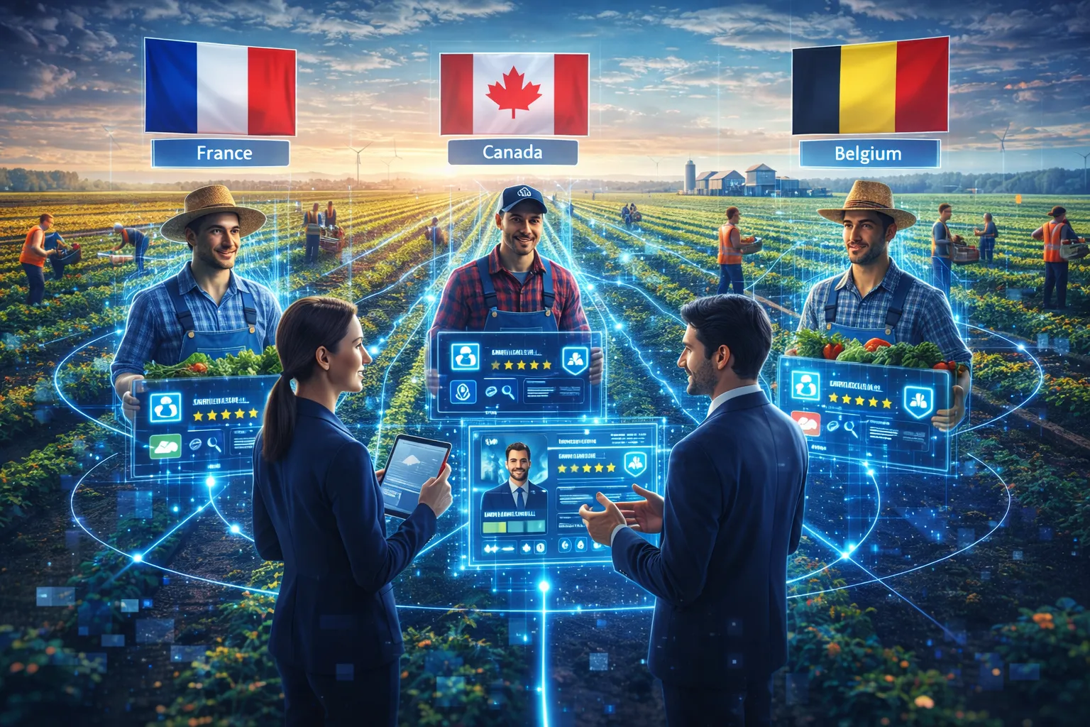 Un champ agricole mêlé à une interface de recrutement numérique futuriste
