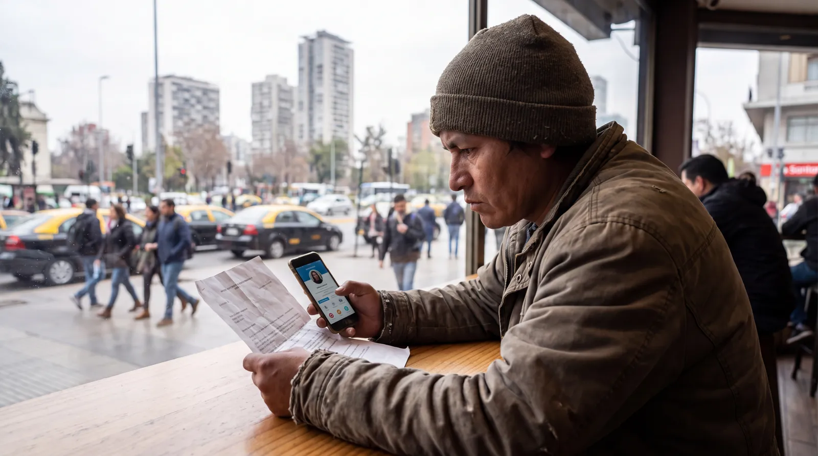 Persona en Chile busca empleo con un CV de papel y un perfil profesional en el móvil