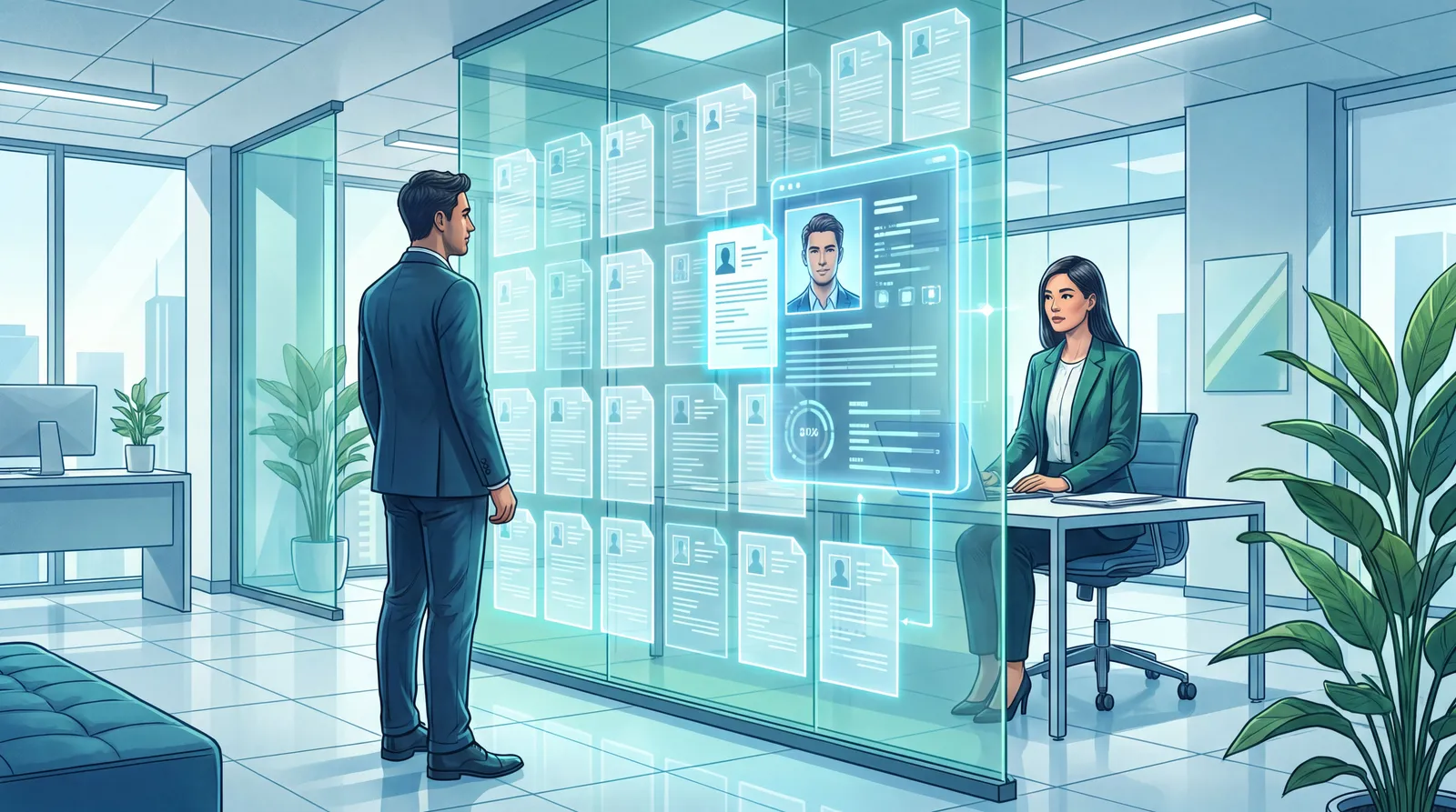 Candidato e recrutadora conectados por um CV digital num mercado de trabalho rígido