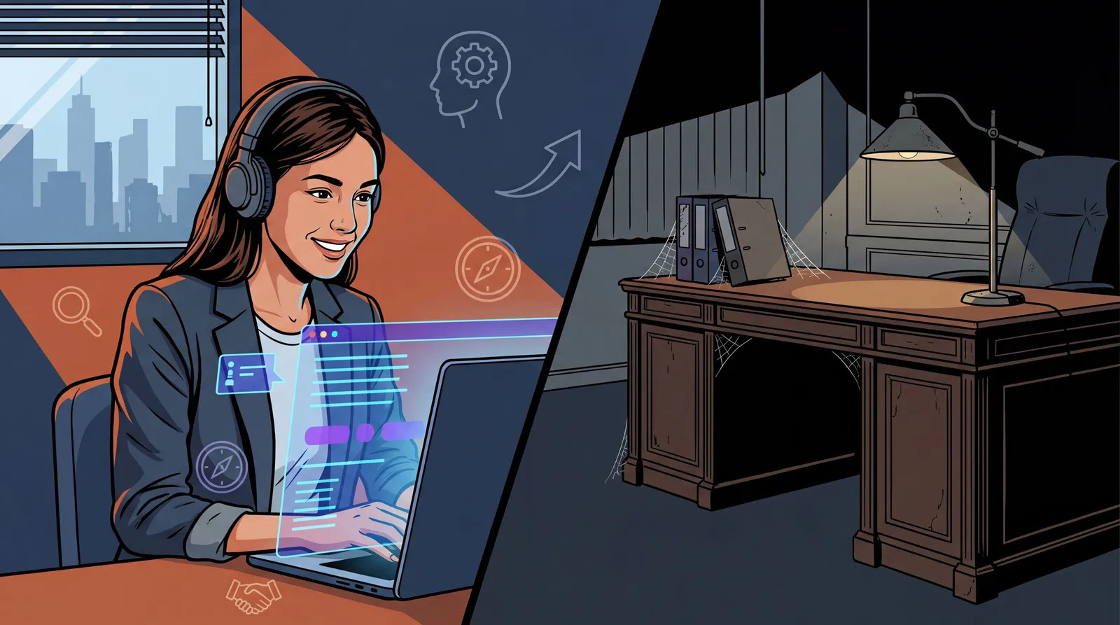 Young insurance worker on remote video call beside an empty traditional office desk