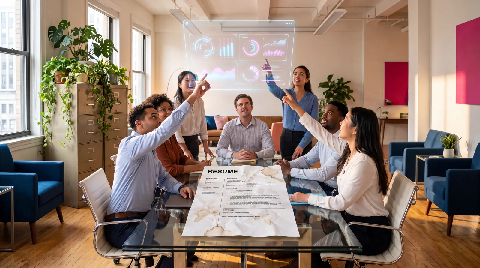 Job seekers and recruiters viewing a virtual CV above a discarded paper resume