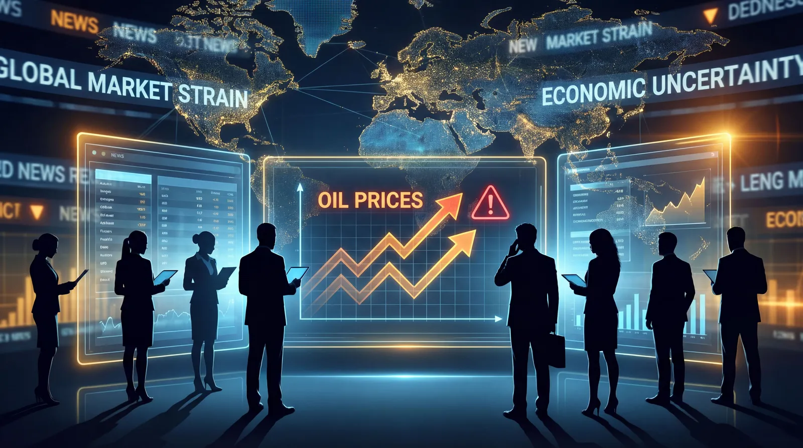 Editorial illustration of hiring dashboards under pressure from economic and geopolitical shocks