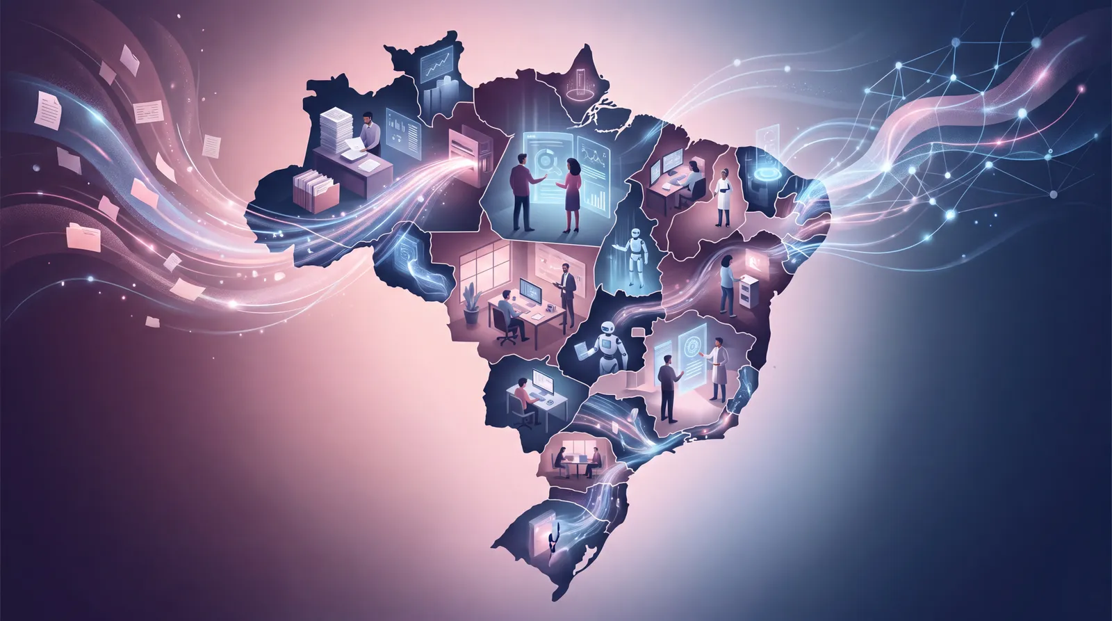 Mapa do Brasil com profissões em transformação pela IA e digitalização