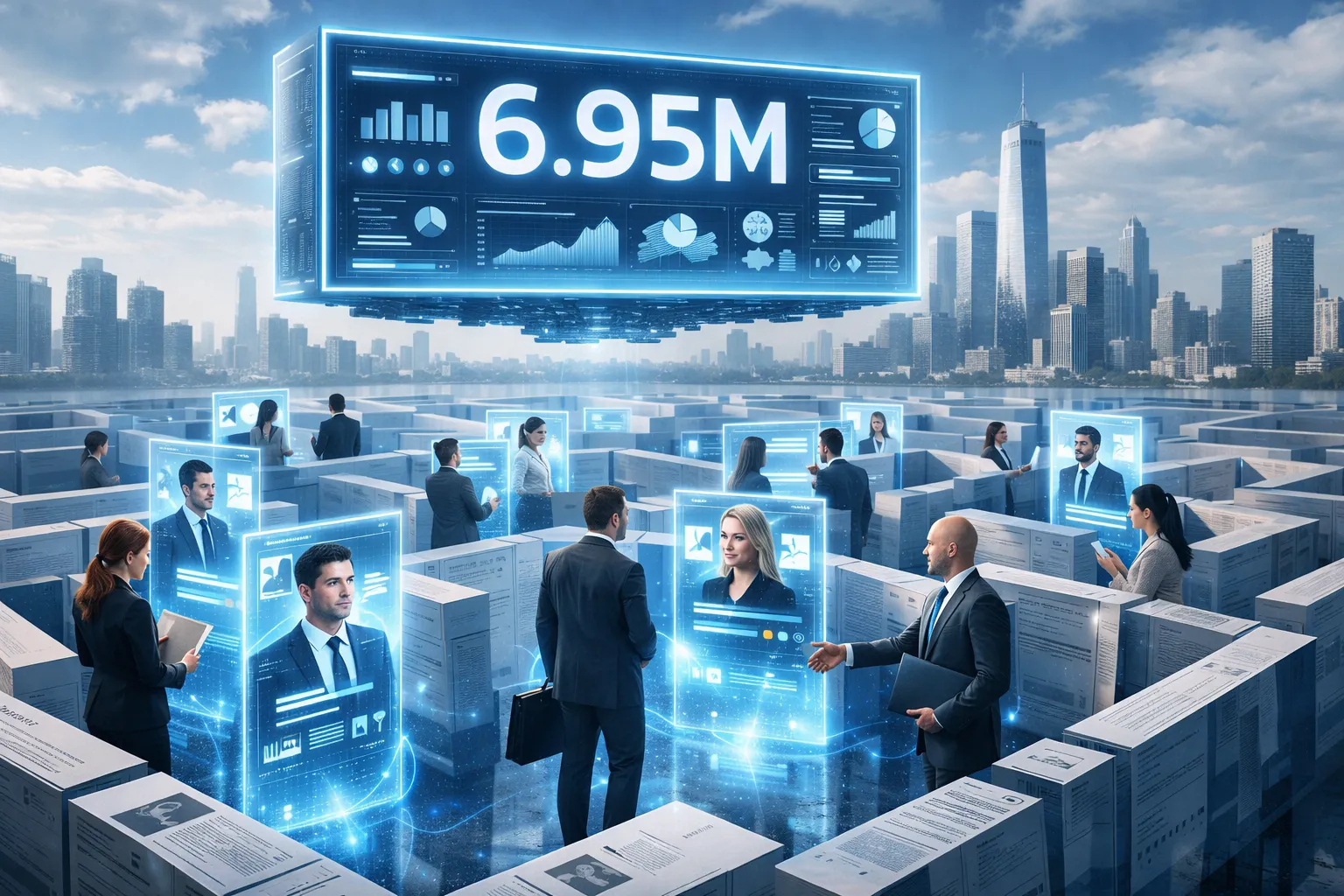 Futuristic hiring dashboard showing 6.95 million job openings above job seekers and recruiters