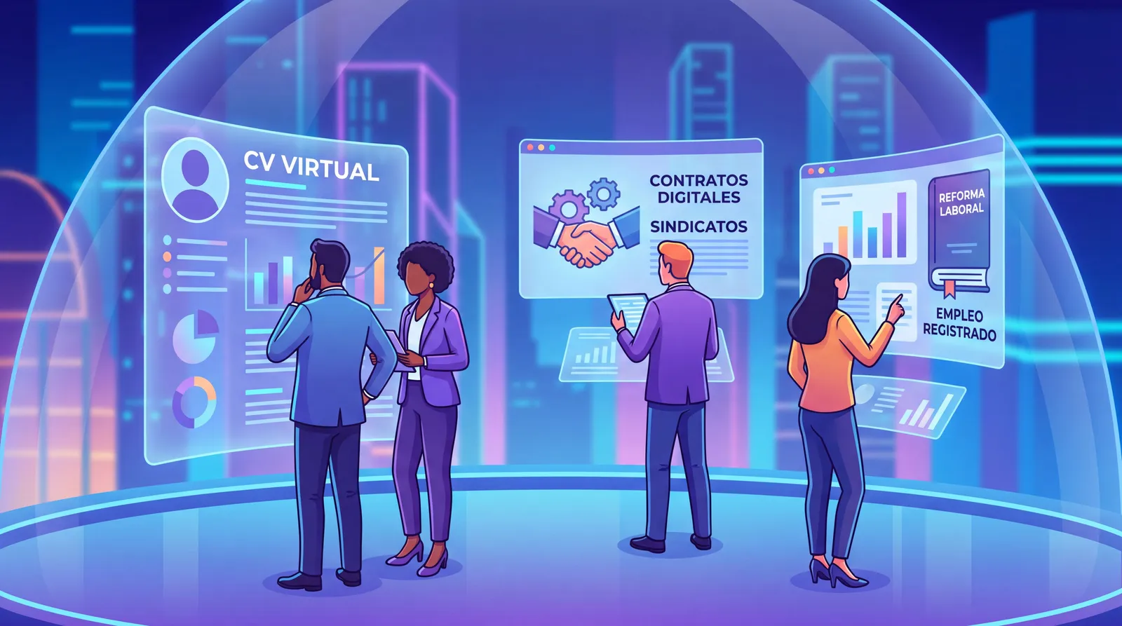 Personas analizando cambios laborales y perfiles digitales en una interfaz futurista