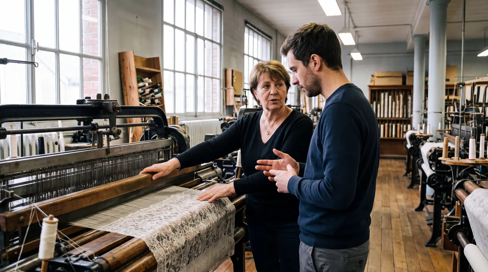 Transmission de gestes professionnels autour d’une machine dans un atelier de dentelle à Caudry.