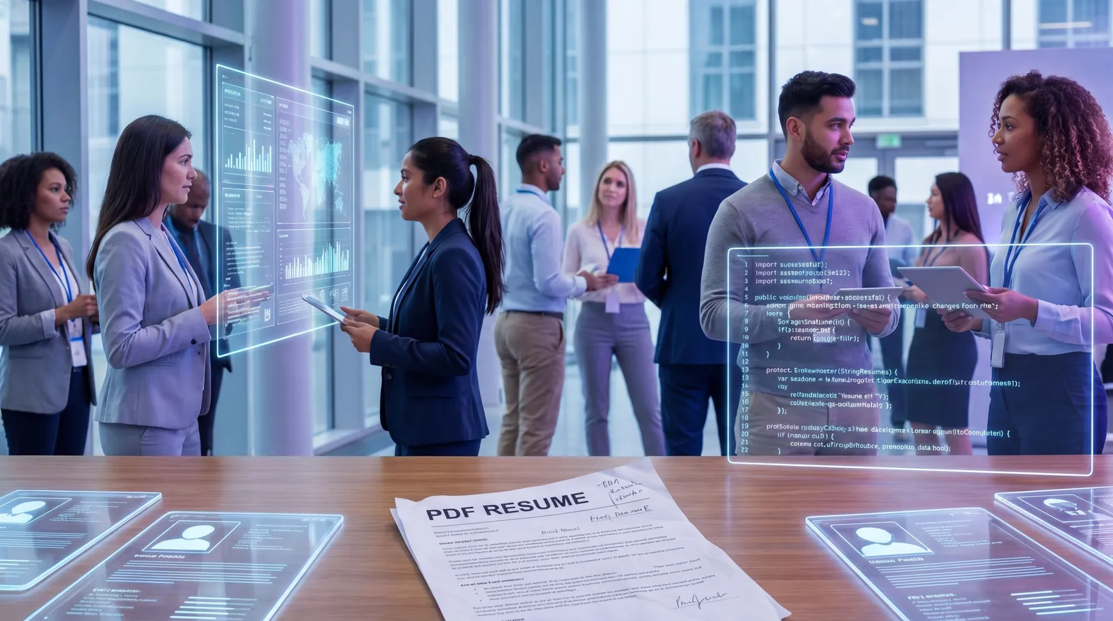 AI hiring dashboard with digital CV profiles and a discarded paper resume