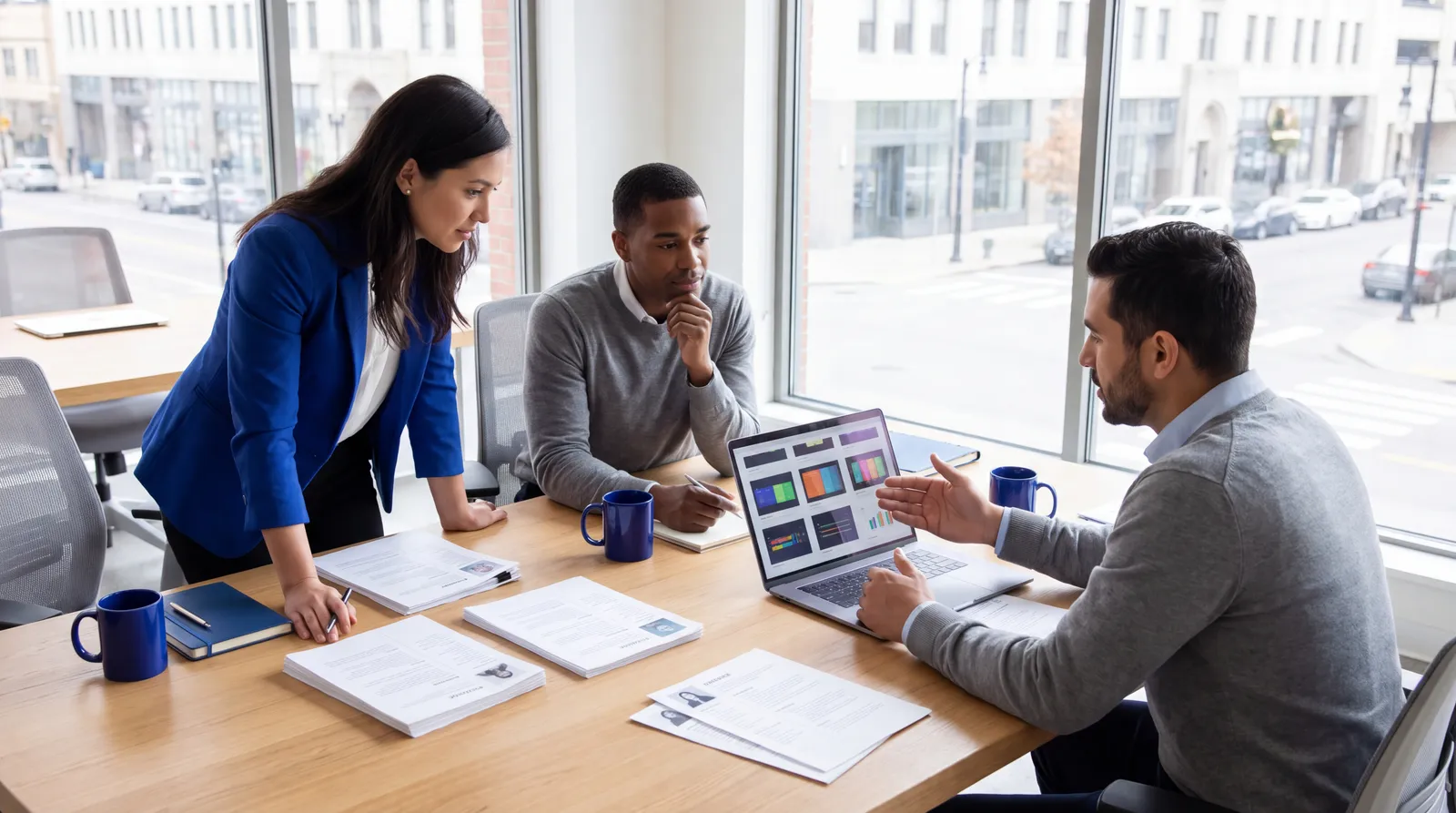 Recruiters comparing paper resumes with structured candidate information on a laptop