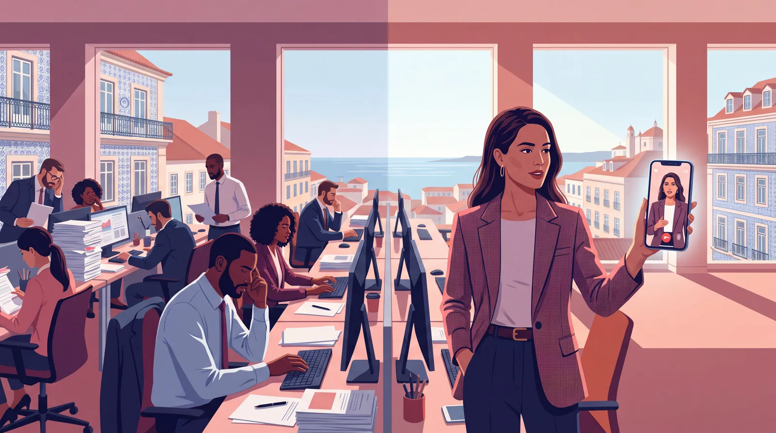 Profissionais ocupados num escritório enquanto uma candidata apresenta um CV virtual
