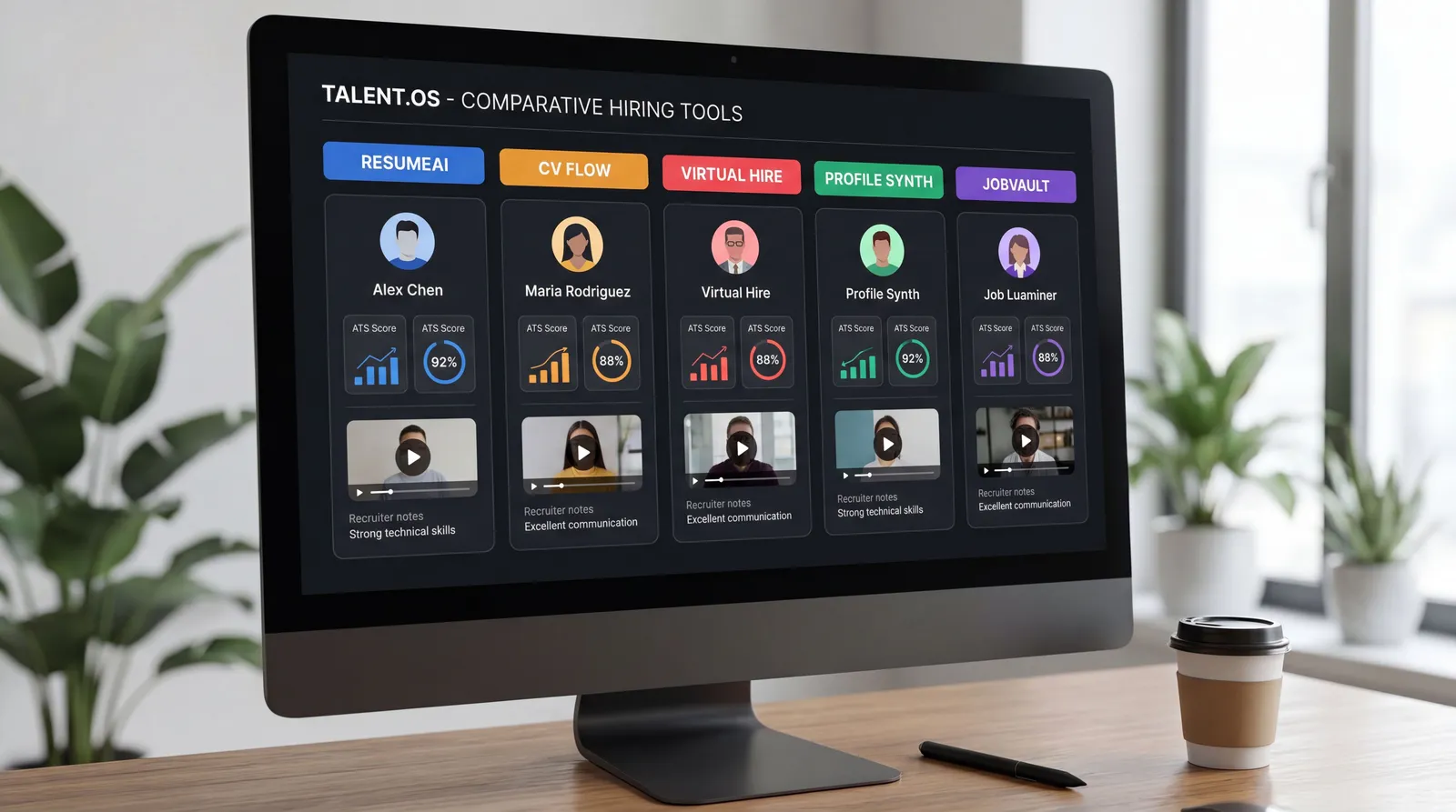 Recruiter dashboard comparing ATS resume checker tools and virtual CV profiles
