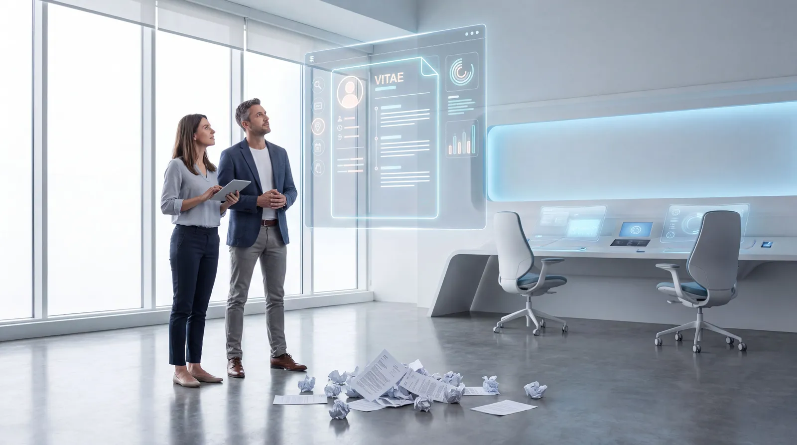 Recruiter and job seeker viewing a digital hiring dashboard