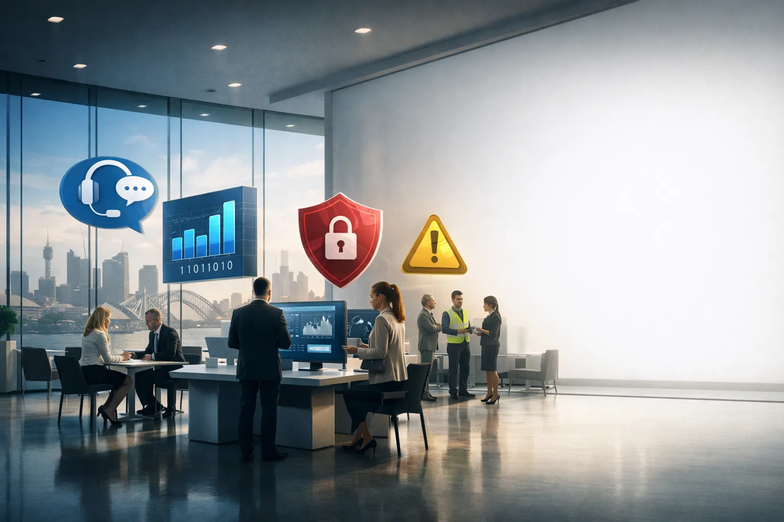 A modern Australian bank lobby morphing into a skills marketplace with floating skill icons