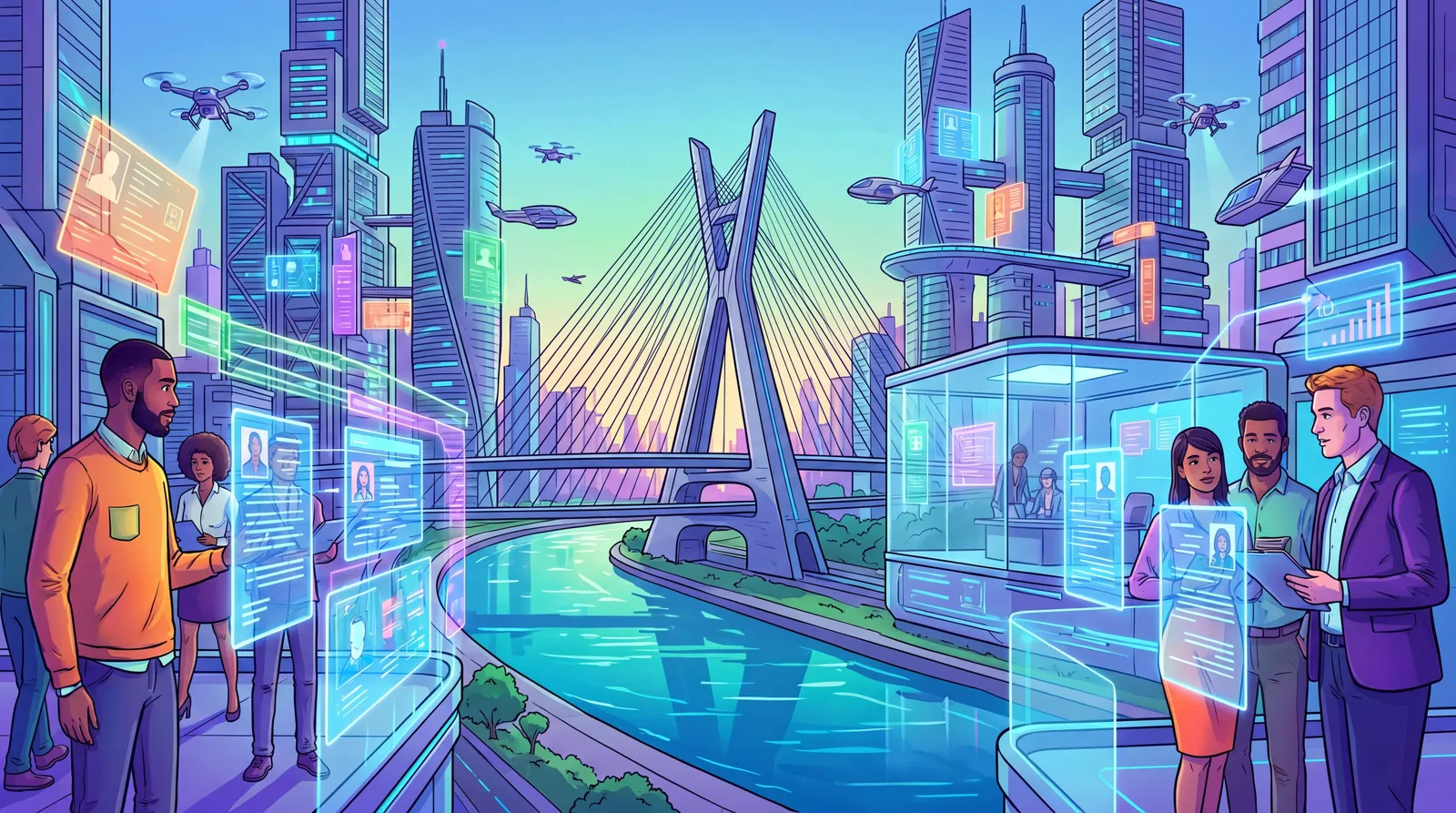 Candidatos e recrutadores conectados por currículos virtuais numa cidade moderna