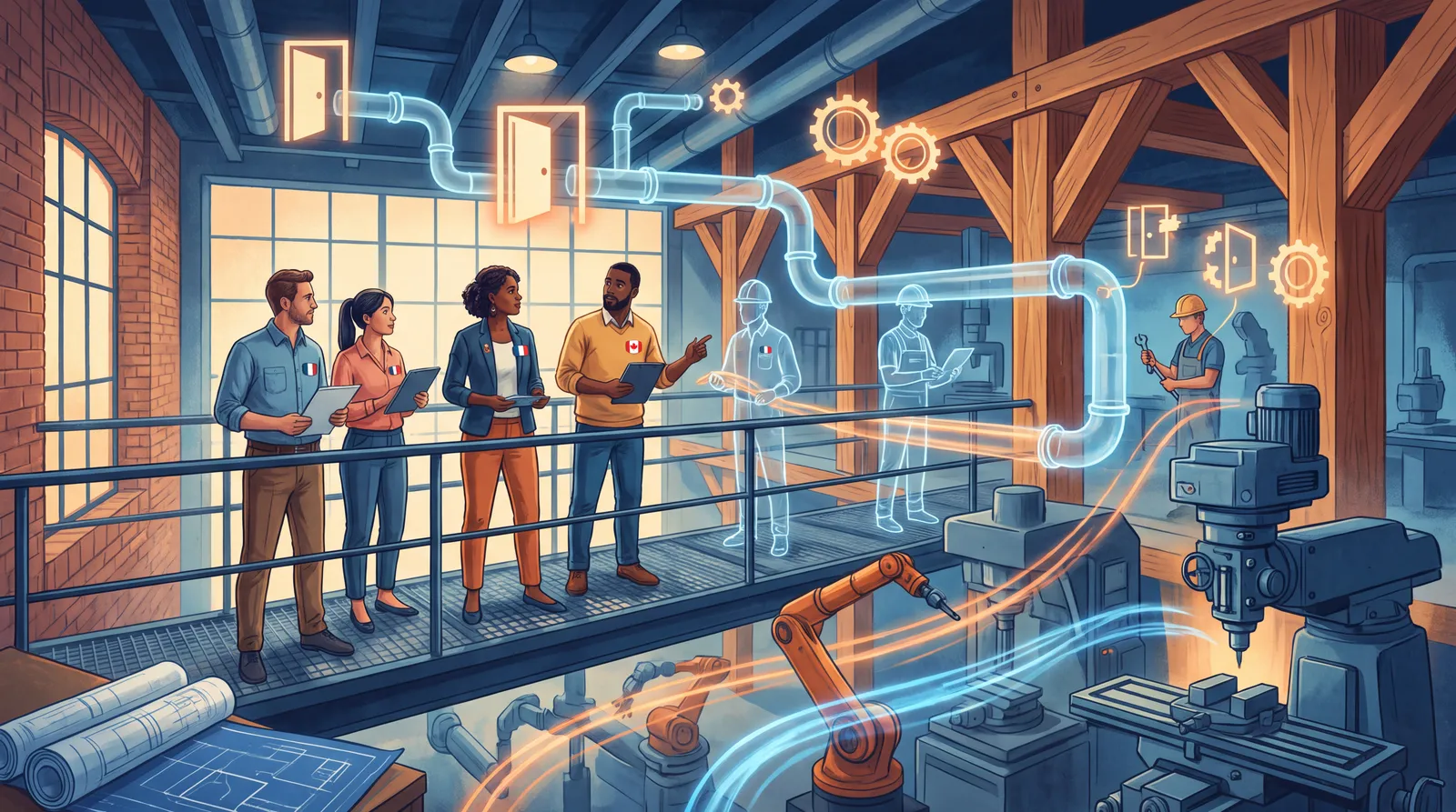 Une équipe de recrutement examine un pipeline de profils techniques dans un atelier moderne
