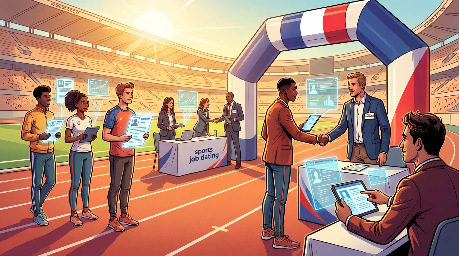 Candidats et recruteurs lors d’un job dating sportif sur un terrain