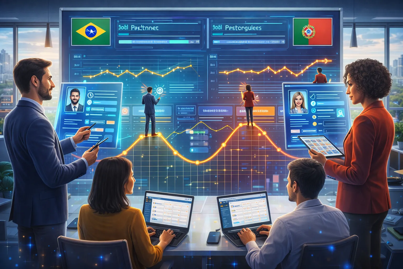Painel de mercado de trabalho com vagas estáveis e recrutadores a analisar perfis digitais