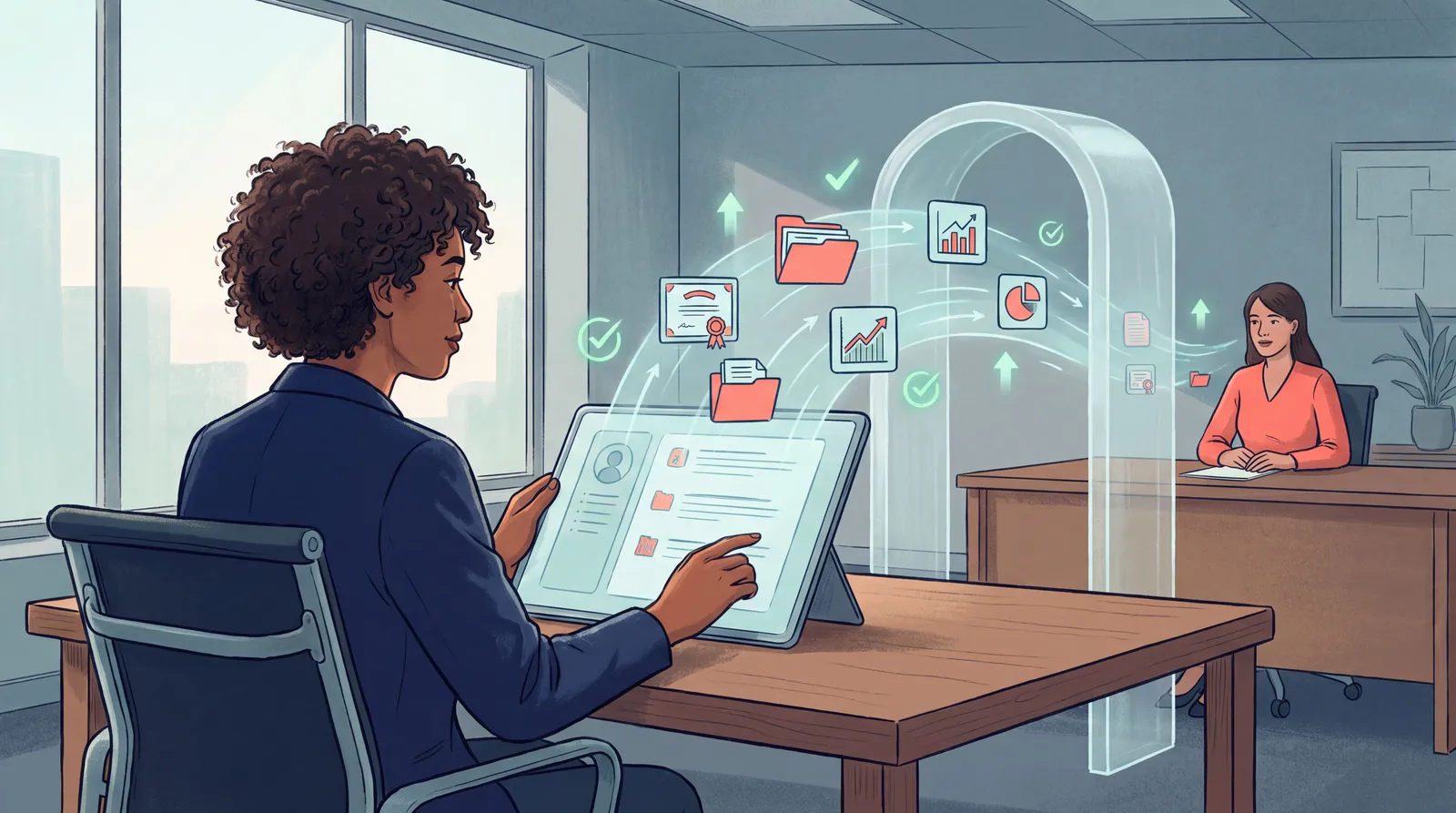 Job seeker reviewing a resume as it passes through a digital ATS screening gateway