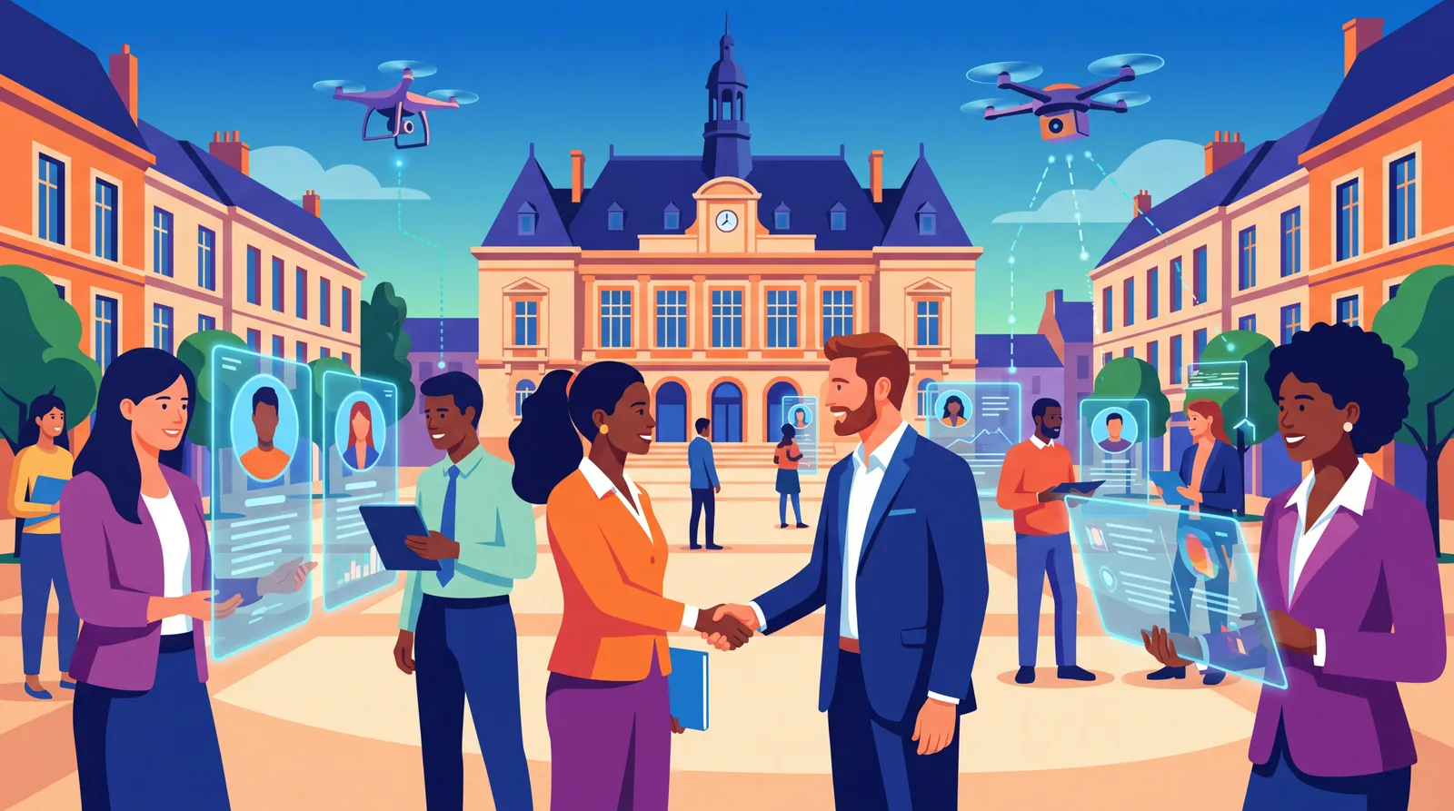 Candidats et recruteurs connectés par des CV virtuels dans un marché de l’emploi local