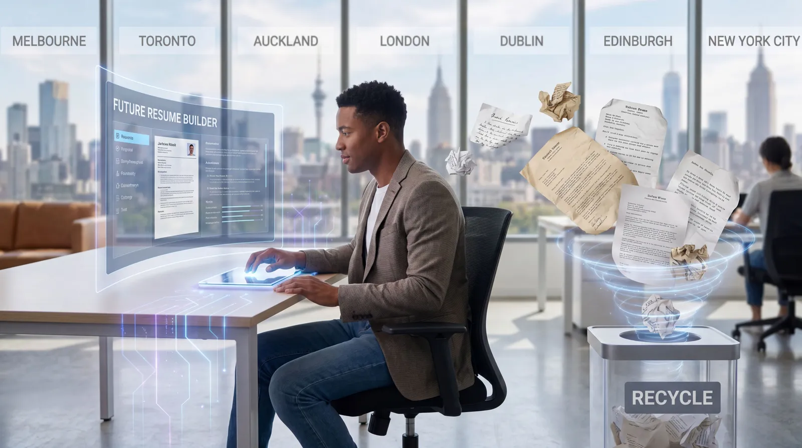 Job seeker using a modern resume builder while paper resumes are discarded