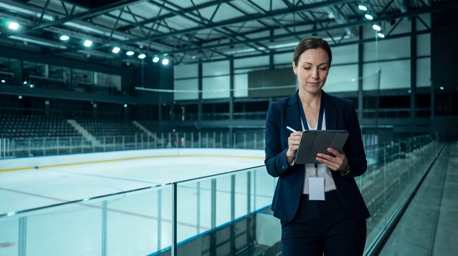 Sports executive reviewing career notes beside an ice hockey rink