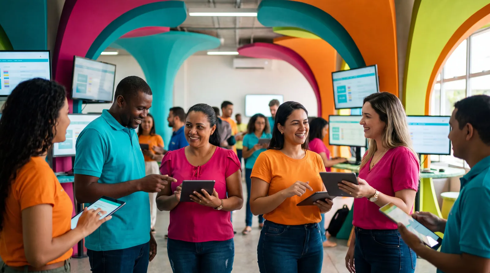 Refugiados e recrutadores em feira de emprego digital no Brasil