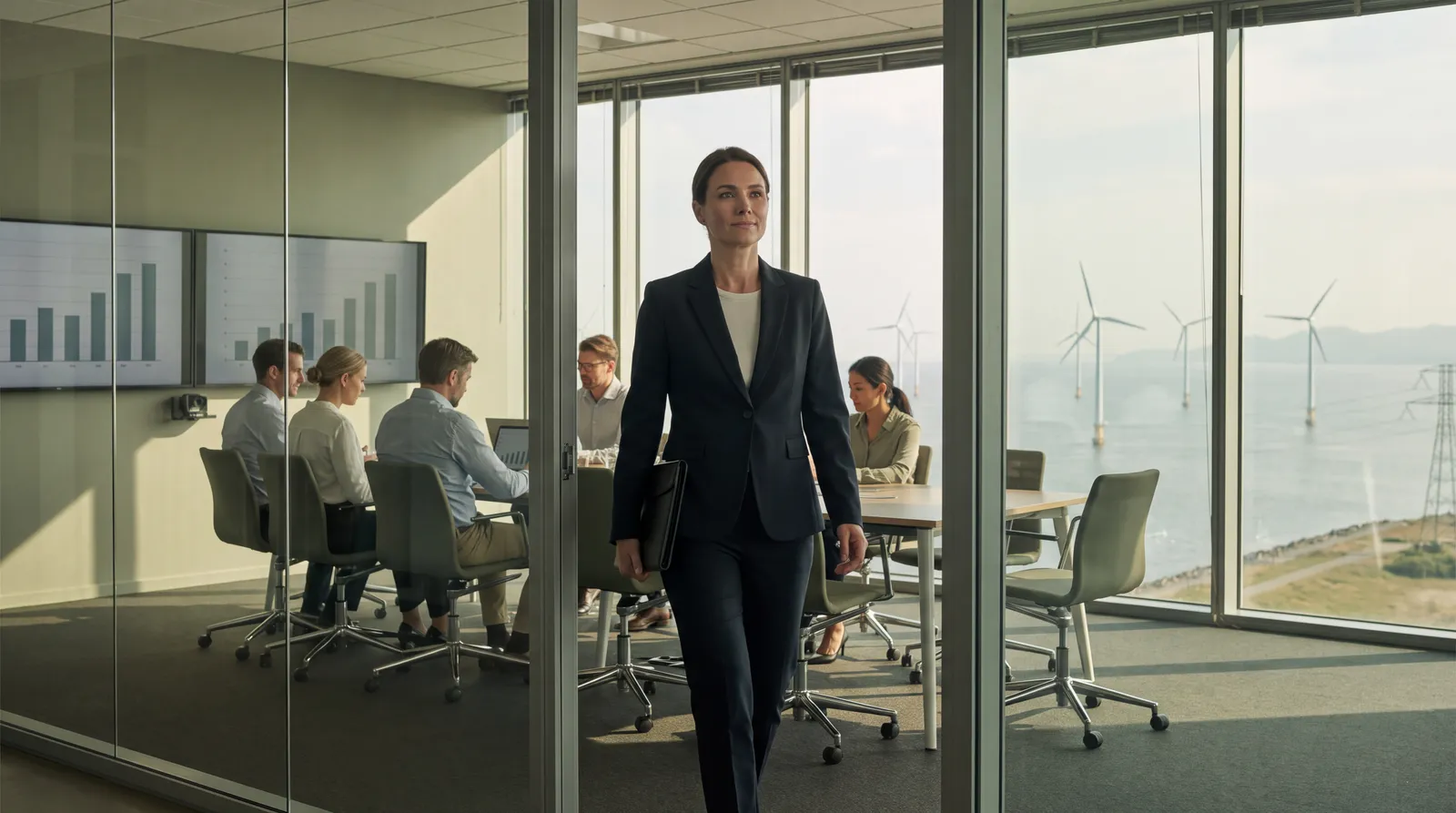Finance executive entering a boardroom overlooking renewable energy infrastructure