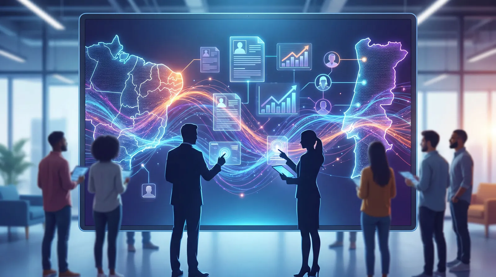 Candidatos e recrutadores analisando CVs virtuais no Brasil e em Portugal