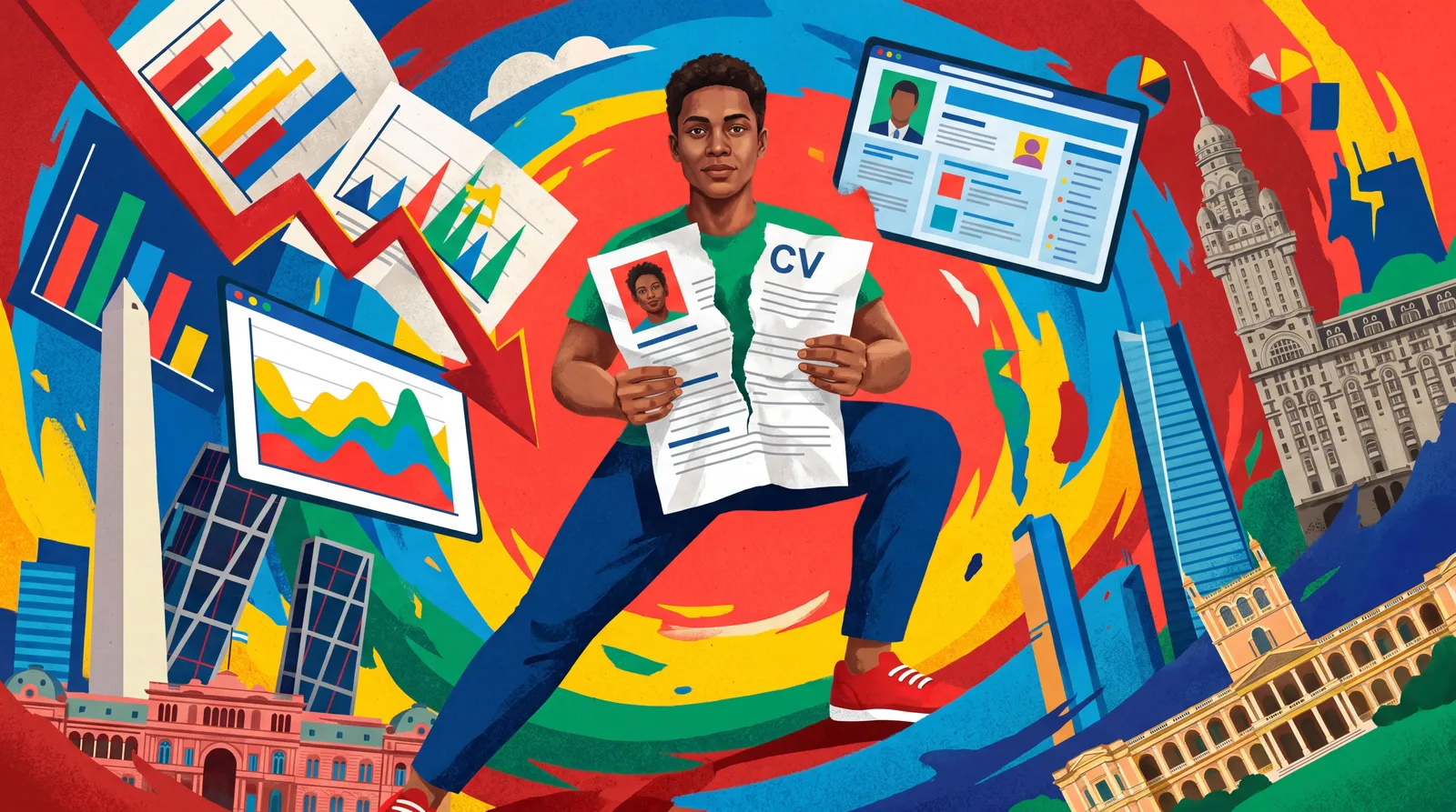 Persona con CV roto frente a gráficos de empleo y perfiles digitales