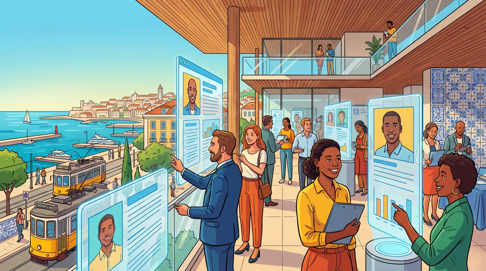 Candidatos usam perfis digitais num balcão de empregos moderno em cidade costeira