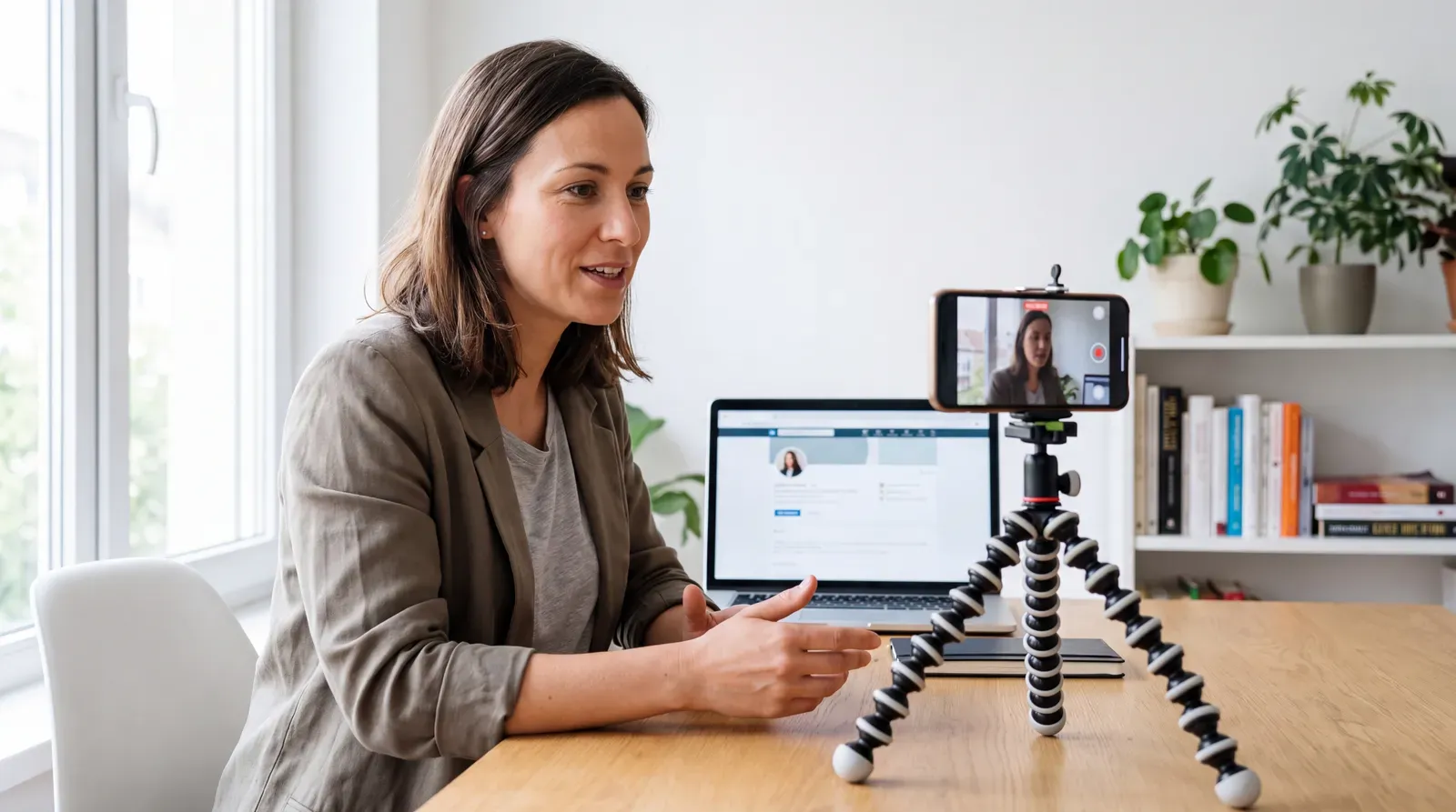 Une candidate enregistre une courte présentation vidéo dans un environnement simple.