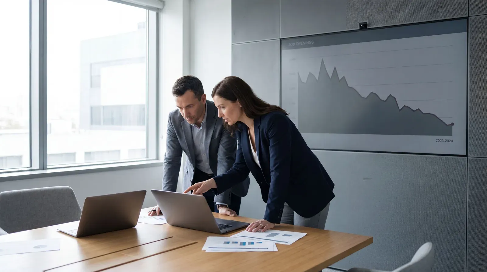 Profissionais analisam gráfico digital de vagas de emprego em queda