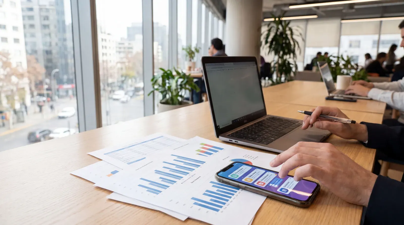 Mesa con gráficos y ofertas laborales revisadas en un celular