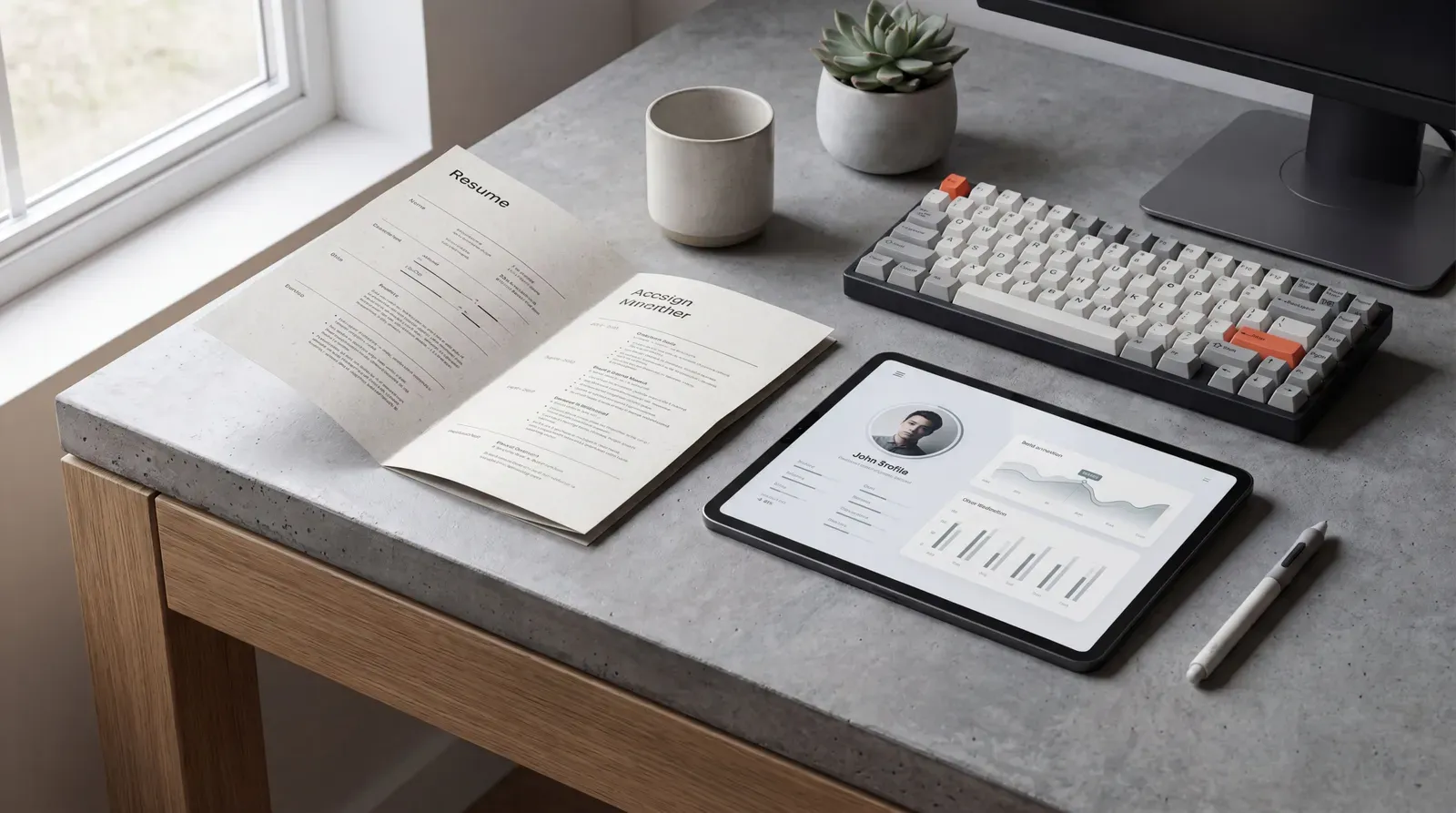 Currículo em papel ao lado de CV virtual num tablet